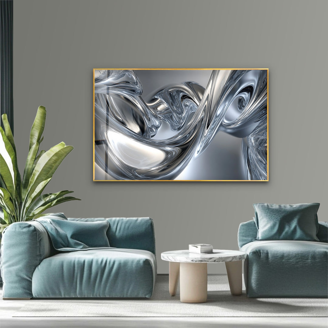 Silver Liquid Contours – Abstract Chrome Flow Glass Wall Art