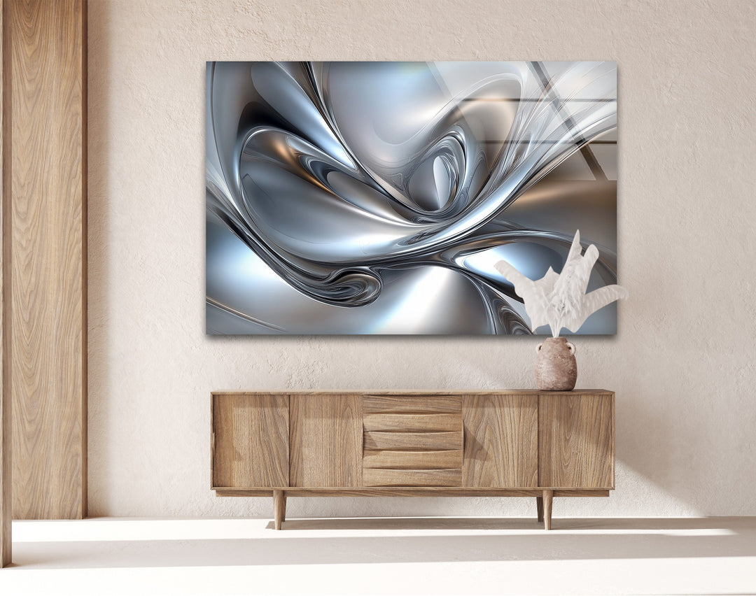 Polar Chrome Drift – Abstract Silver Fluid Glass Wall Art