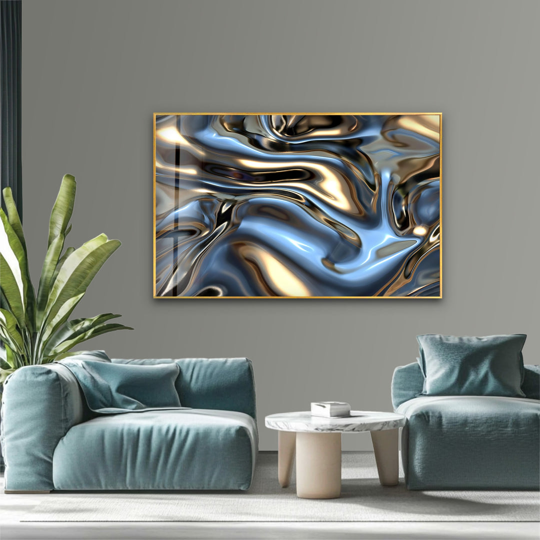 Celestial Metal Drift – Abstract Silver & Gold Fluid Glass Wall Art