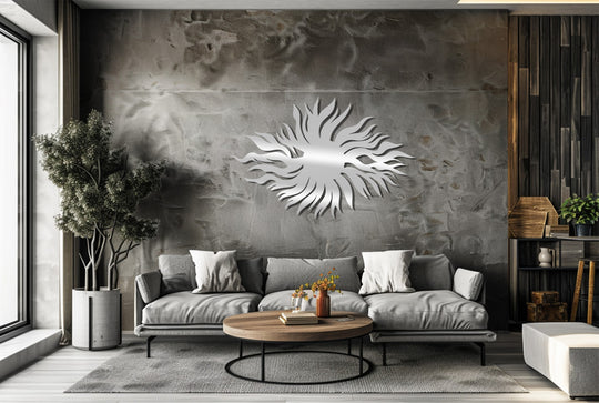 Radiant sunburst, an example of unique metal wall art, is featured in this abstract, radiant flame design for modern, eclectic, and bohemian home décor.