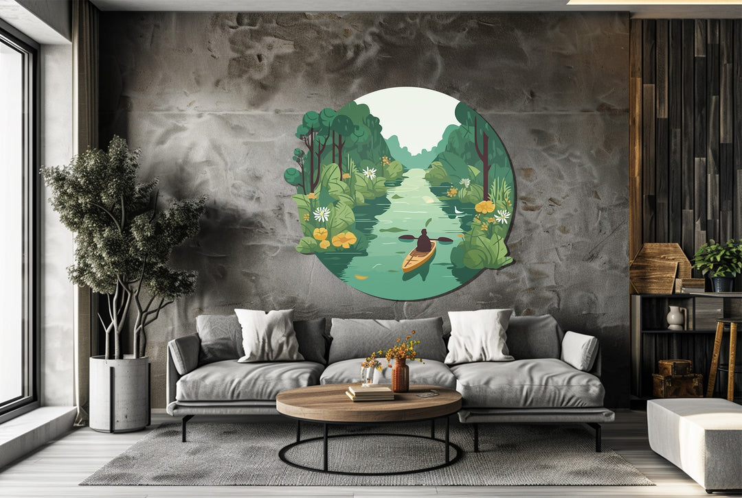 Tranquil Journey – Kayaker in Green Forest River Metal Wall Art