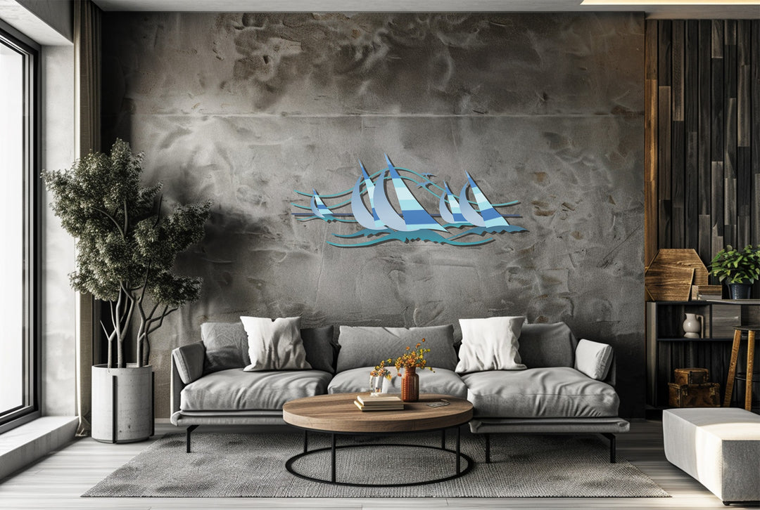 Sailing Harmony Metal Wall Art – Modern Blue Nautical Decor