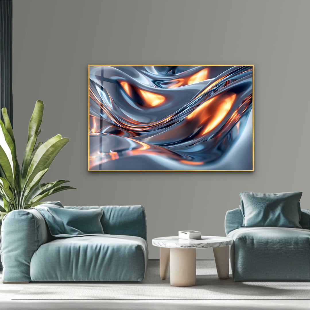 Solar Chrome Surge – Abstract Silver & Ember Flow Glass Wall Art