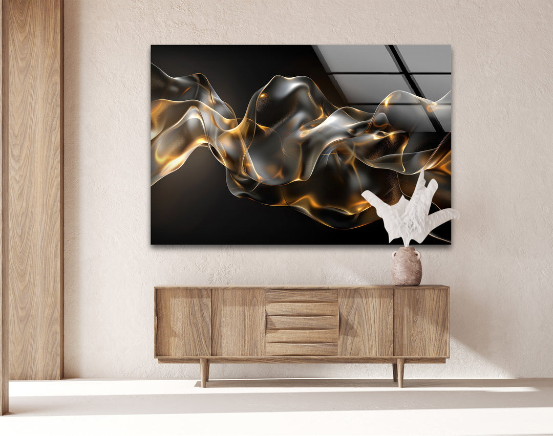 Golden Ember Veil – Abstract Smoke Wave Glass Wall Art