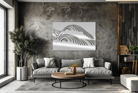 Gray dominates this minimalist living room scene showcasing the Ethereal Curves decoration wall art piece with abstract lines adding visual interest.