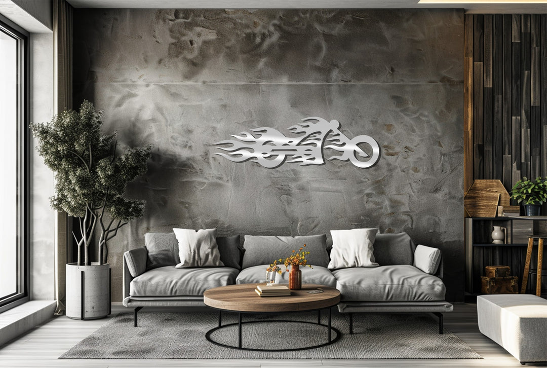 Showcasing the geometric elements of this decorative metal art, a flaming motorcycle design is presented with clean lines and a modern, speed-inspired aesthetic.