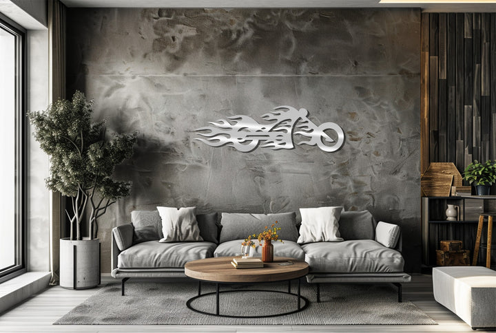 Showcasing the geometric elements of this decorative metal art, a flaming motorcycle design is presented with clean lines and a modern, speed-inspired aesthetic.