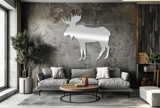 Horizontally oriented rectangular metal art for wall presents a moose silhouette, adding rustic charm with a touch of wildlife to this modern interior space.