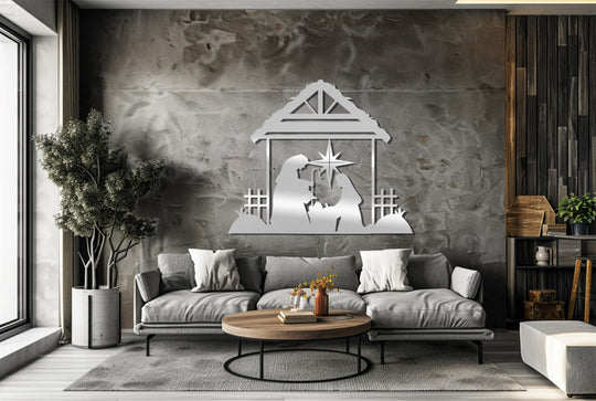 Capturing the realistic detail, a Star of Bethlehem Holy Family Nativity metal art for wall piece presents a striking silhouette against a textured wall in a cozy living room.