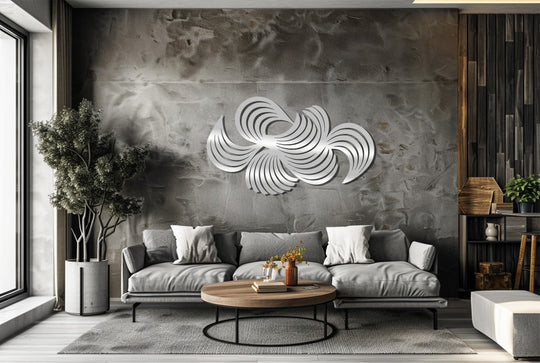 Focusing on the crisp edge and borders, this modern abstract swirl metal artwork adds a geometric touch to the room's decor with its sleek, sophisticated design.
