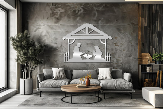 Featuring the darkest area, this unique metal wall art depicts a Holy Family nativity scene in a stable, offering elegant Christmas decor.