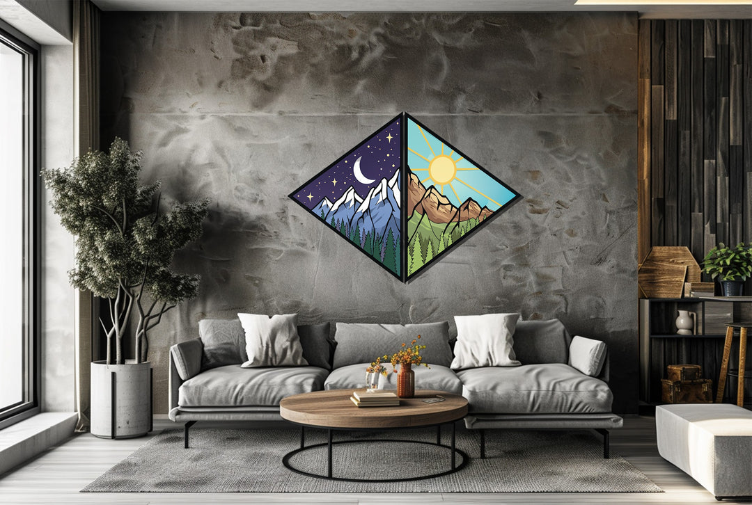 Day and Night Mountain Metal Wall Art – Dual Nature Landscape Design