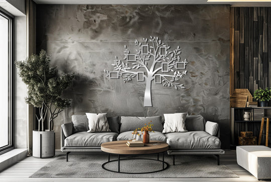 Highlighted is the Family Tree metal wall decor, a modern photo frame art piece that is the loudest element in this living room setting.