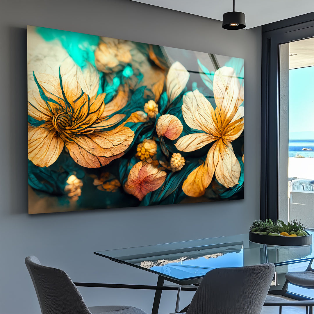 Golden Petal Bloom – Artistic Floral Fantasy Glass Wall Art