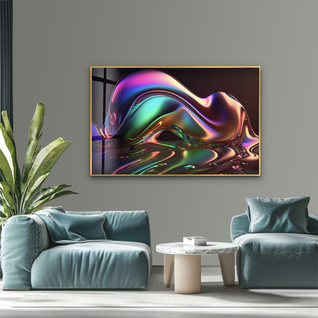 Neon Mirage Crest – Iridescent Chrome Wave Glass Wall Art