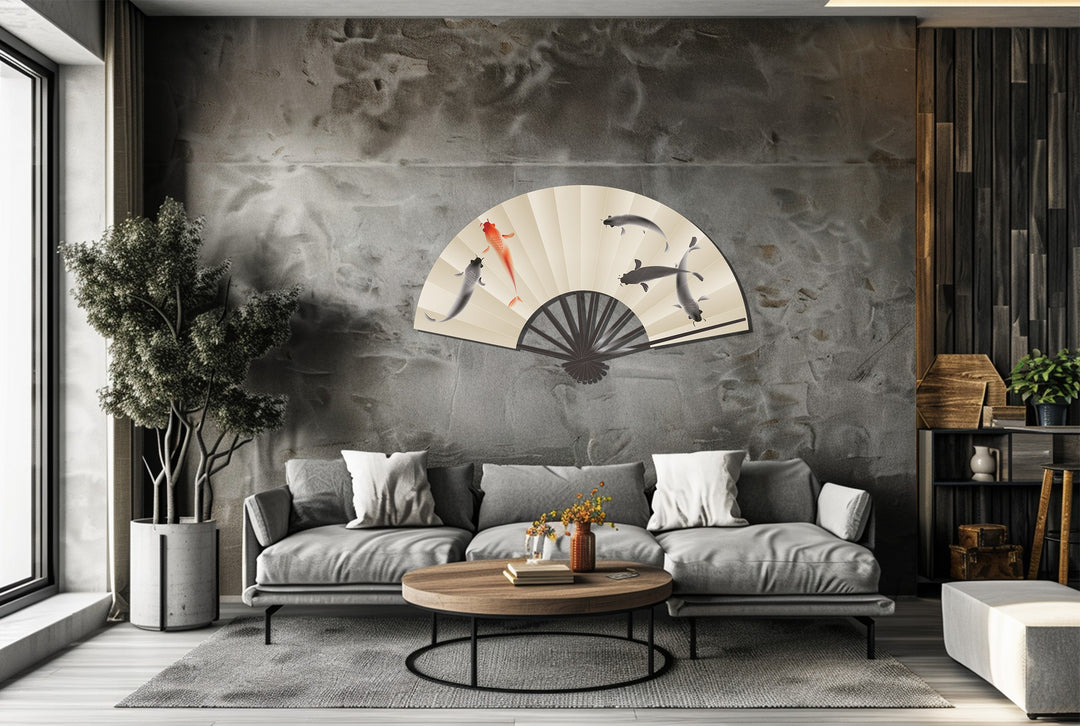 Highlighting the transition between colors, the elegant Koi fish fan displays Japanese-inspired metal art for wall decor, bringing a symbol of harmony to any space.