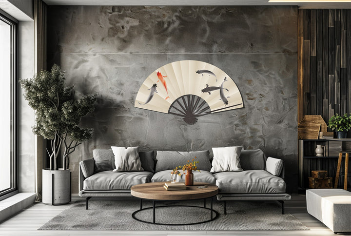 Highlighting the transition between colors, the elegant Koi fish fan displays Japanese-inspired metal art for wall decor, bringing a symbol of harmony to any space.