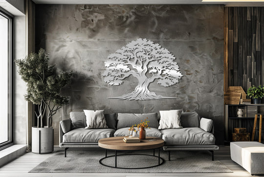 Showing the realistic detail, the metal tree art displays unique metal wall art featuring intricate roots and branches on a textured wall, bringing nature indoors.