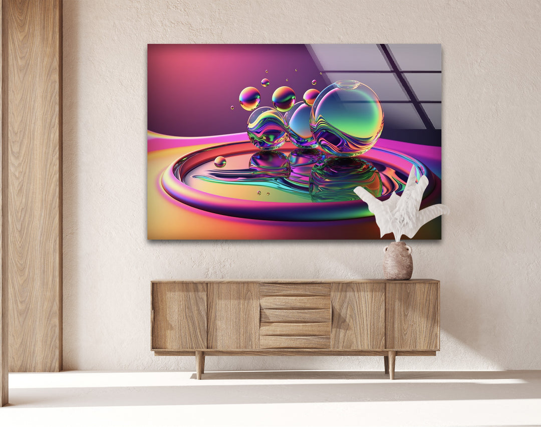 Luminous Orb Cascade – Neon Chromatic Sphere Sculpture Glass Wall Art