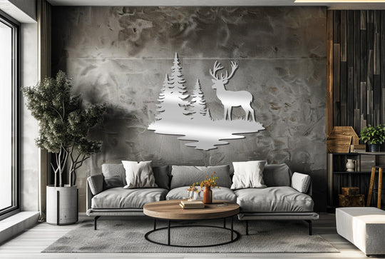 Reflected ripples create a dynamic sense of motion in this forest reflection deer metal decoration wall art, enriching a modern living space.