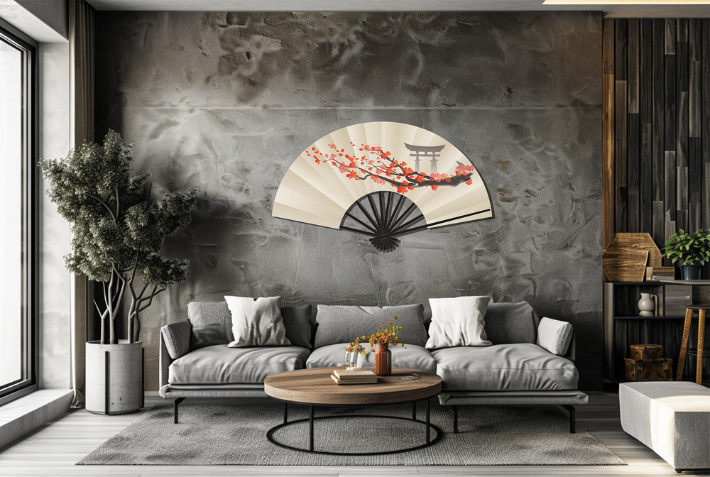 Featuring a smooth, matte finish, the cherry blossom fan unique metal wall art creates a captivating display with its Japanese sakura and torii gate design.