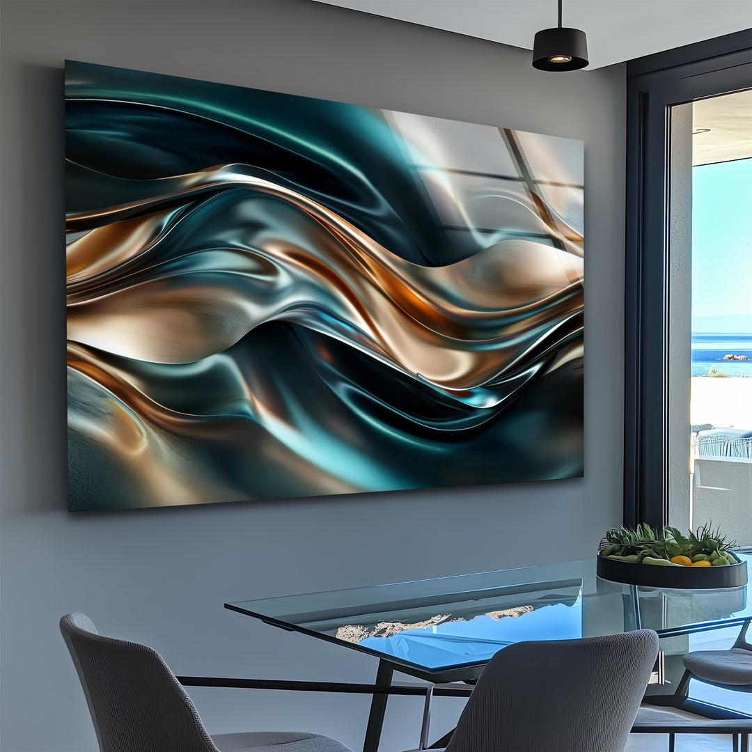Ocean Bronze Serpentine – Abstract Metallic Wave Glass Wall Art