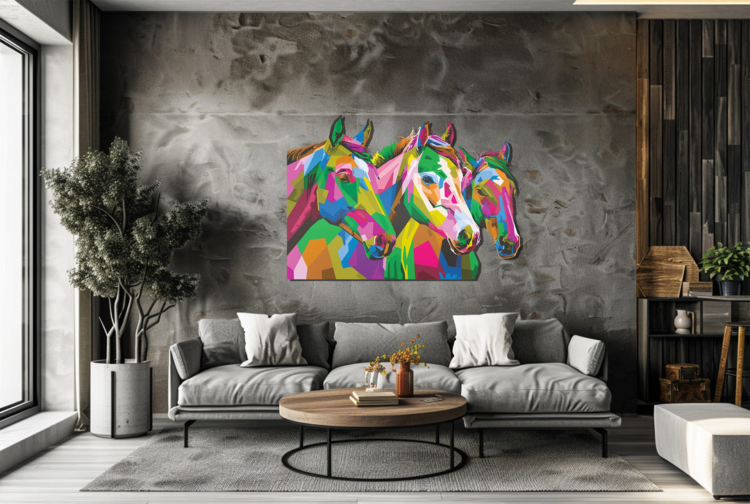 Trio of Horses Metal Wall Art – Vibrant Abstract Animal Wall Decor