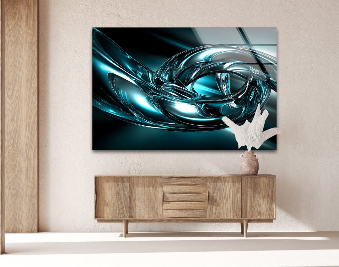 Aqua Vortex Chrome – Abstract Teal Metallic Motion Glass Wall Art
