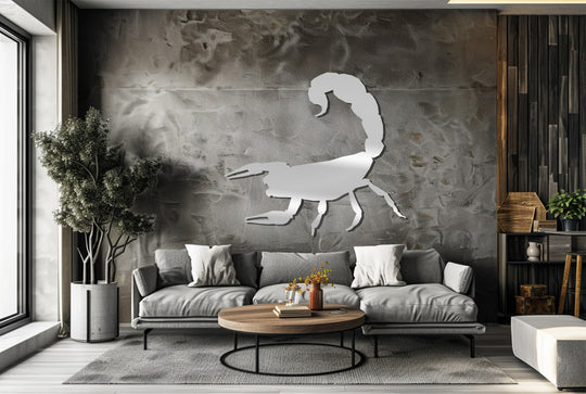 Subdued color saturation emphasizes the striking scorpion silhouette in this unique metal wall art, creating a bold focal point in a modern interior.