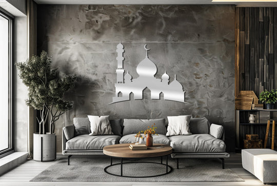 The layered effect of the majestic mosque silhouette decorative metal art creates a stunning focal point on the textured wall, adding depth and dimension.