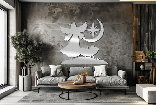 Reflecting the light, the softest element accentuates the silvery gleam of the Guardian Angel Blessing – Nativity Scene metal artwork, a striking piece of metal artwork for home decoration.