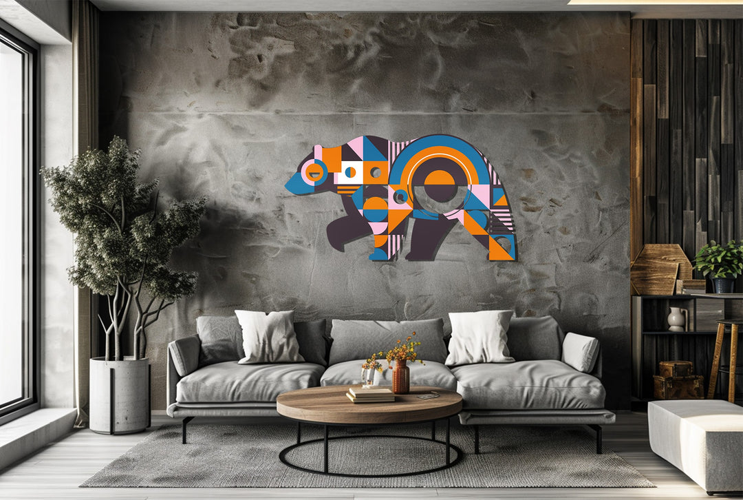 Geometric Bear Metal Wall Art – Colorful Modern Animal Home Decor
