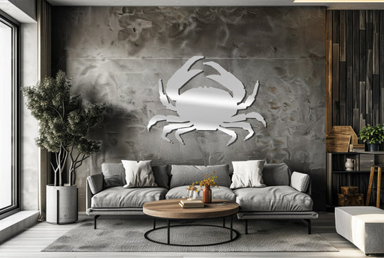 Suggesting a dynamic crawl, the crab silhouette in metal wall decor appears ready to scuttle across the wall, injecting a sense of coastal motion.