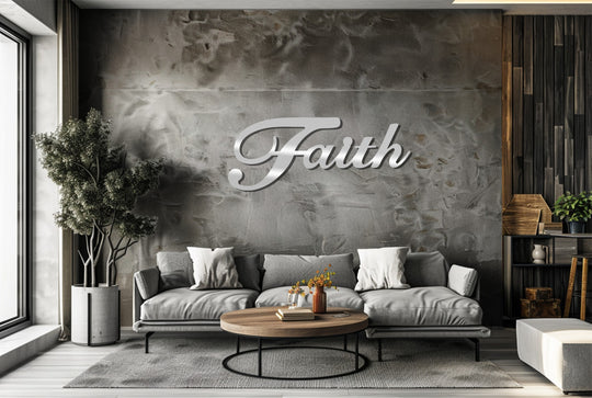 Faith, a motivational metal art for wall sign, loudly proclaims belief above a contemporary couch setting, adding inspiration to the room's aesthetic.