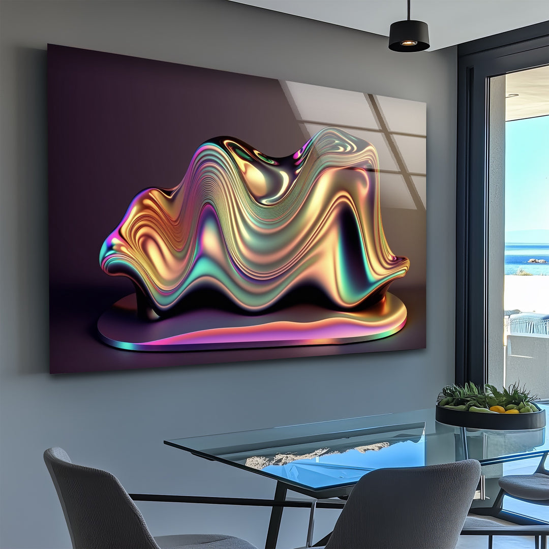 Chromatic Sculpted Form – Iridescent Metallic Shape Glass Wall Art