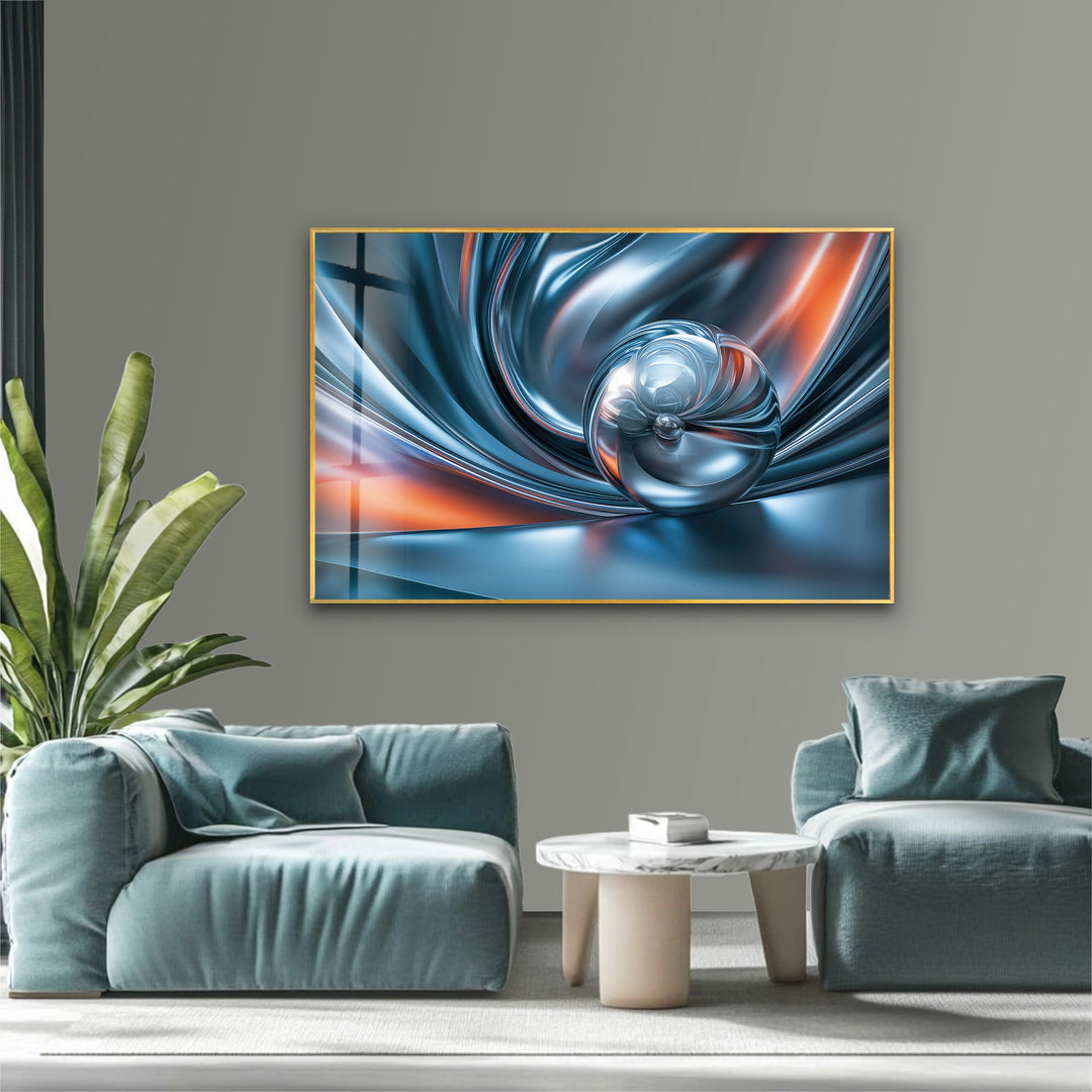 Chromatic Sphere Drift – Abstract Blue Silver Orb Glass Wall Art
