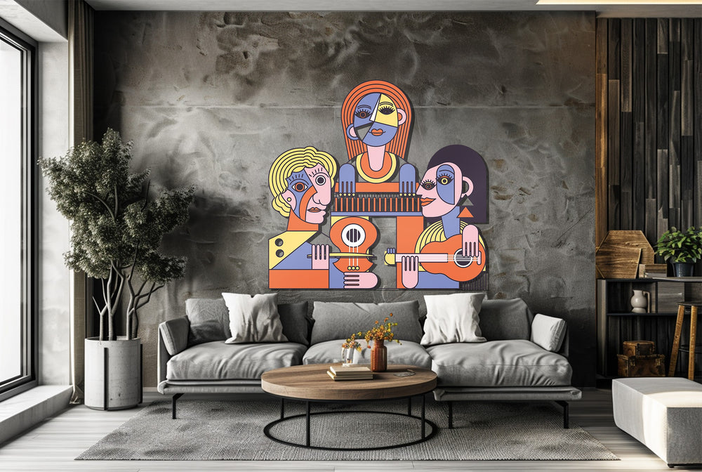 Picasso-inspired music wall decor with piano and guitar