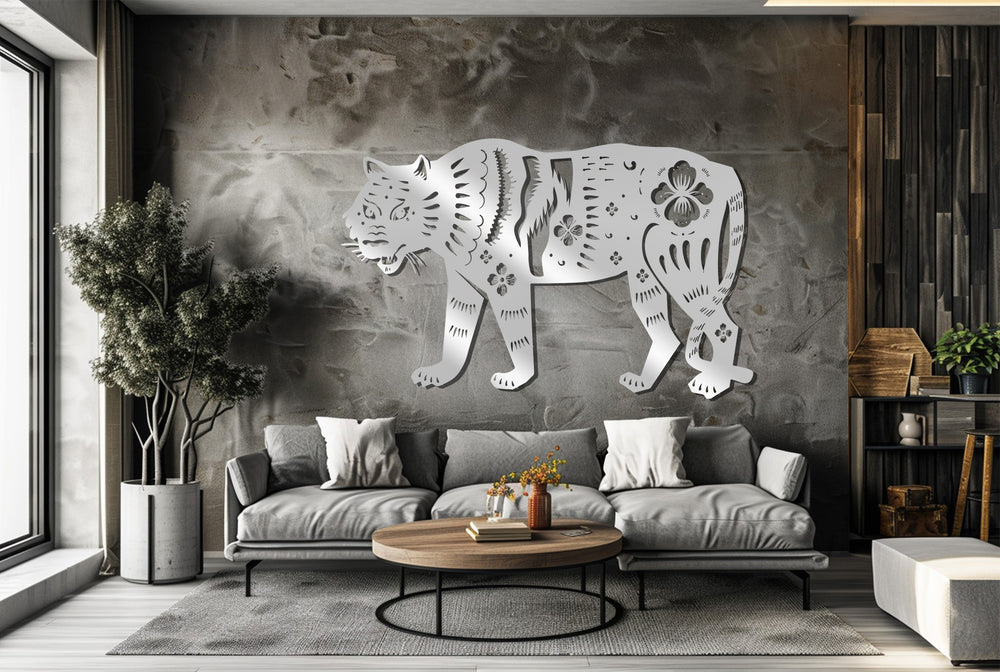 Black tiger wall hanging with flower patterns