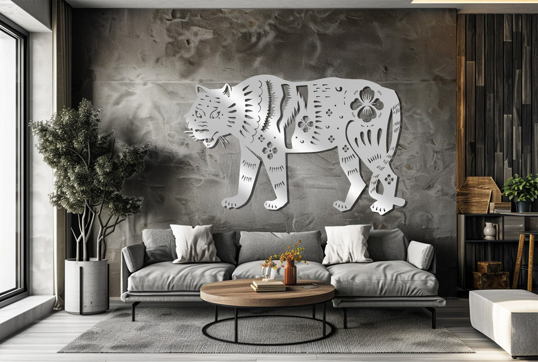Black tiger wall hanging with flower patterns