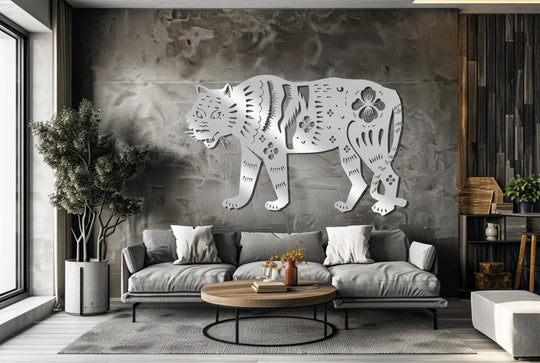 Highlighting the decorative tiger silhouette, the brightest area showcases the lustrous Floral Tiger Metal Wall Art, a bold decoration wall art accent for modern spaces.