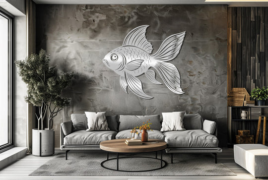 Finished in a sleek, silvery tone, this decorative metal art piece showcases an elegant fish silhouette, embodying ocean-inspired metal wall art.