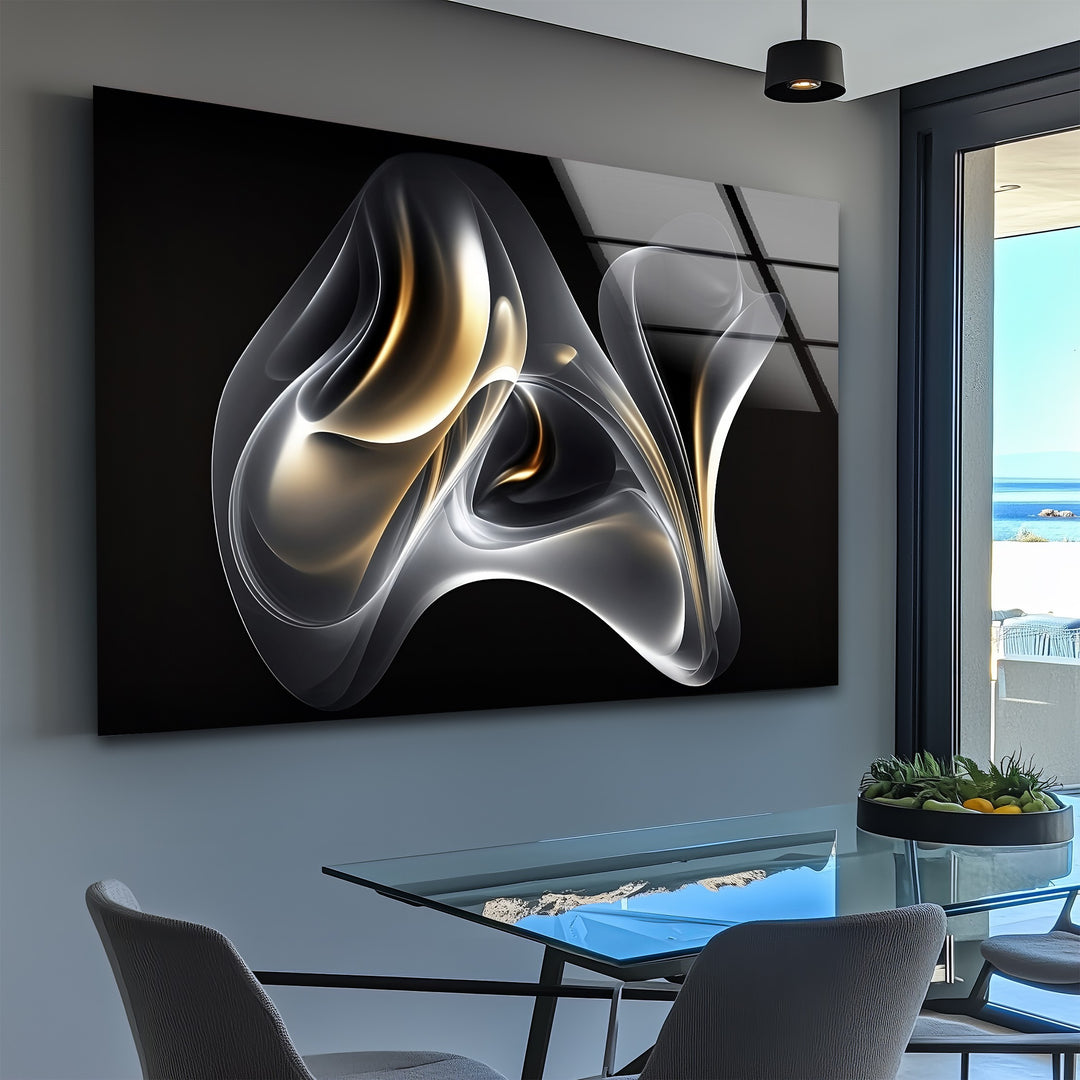 Ethereal Ember Veil – Abstract Smoke Gold Glass Wall Art