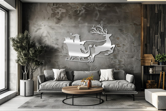 Foreground and background contrastingly enhance the depth, while Santa's sleigh ride Christmas reindeer metal artwork stands out via its layered design.