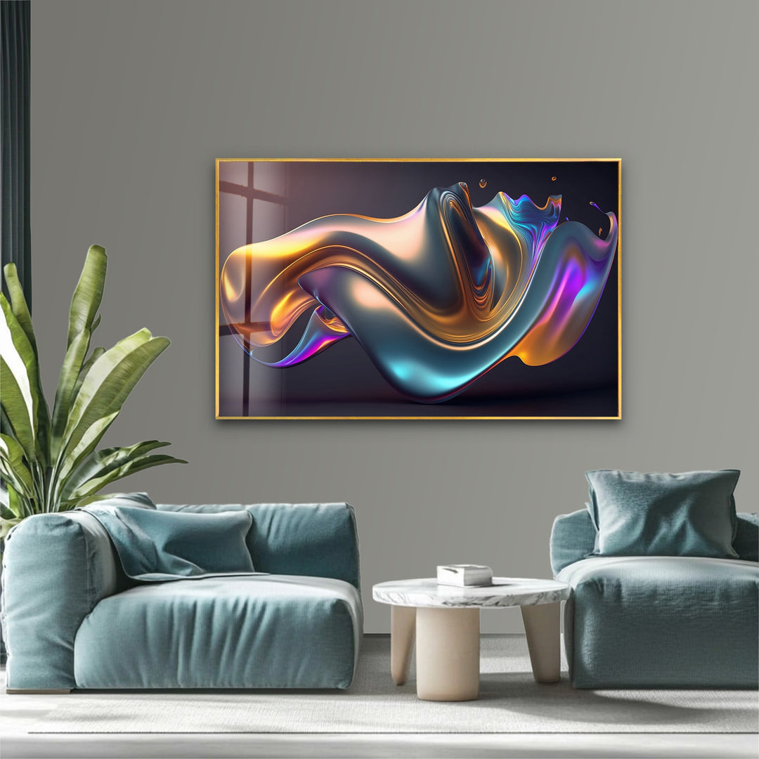 Prismatic Flow Mirage – Iridescent Chrome Wave Glass Wall Art