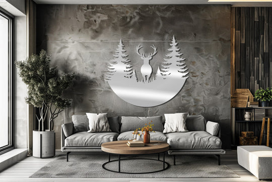 Horizontally oriented, circular decoration wall art shows a majestic deer in a forest scene, crafted from metal to add rustic nature to any home.