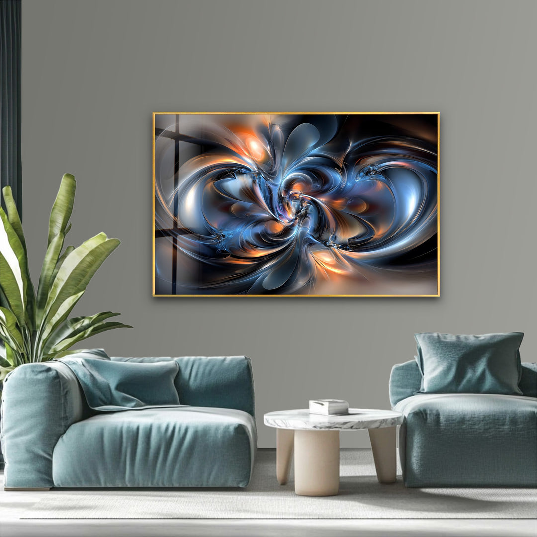 Cosmic Helix Radiance – Abstract Blue & Ember Swirl Glass Wall Art