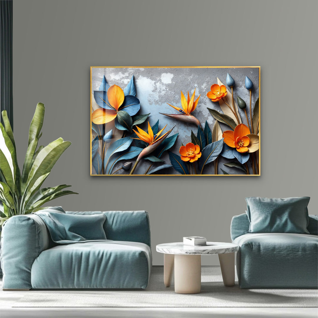 Tropical Bloom Harmony – Artistic Floral Sculpture Glass Wall Art