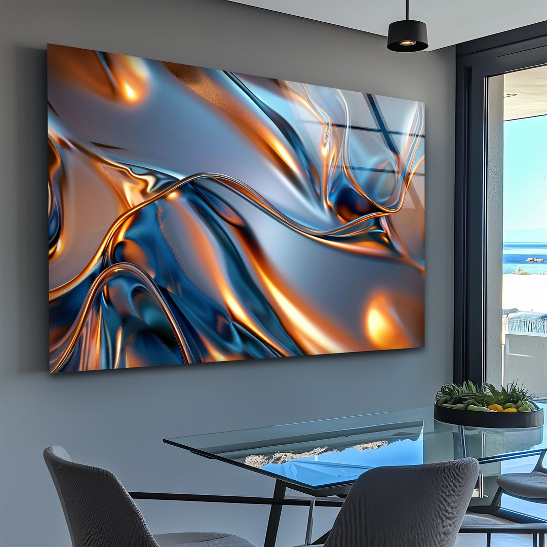 Aurora Metal Flux – Abstract Blue & Copper Chrome Glass Wall Art