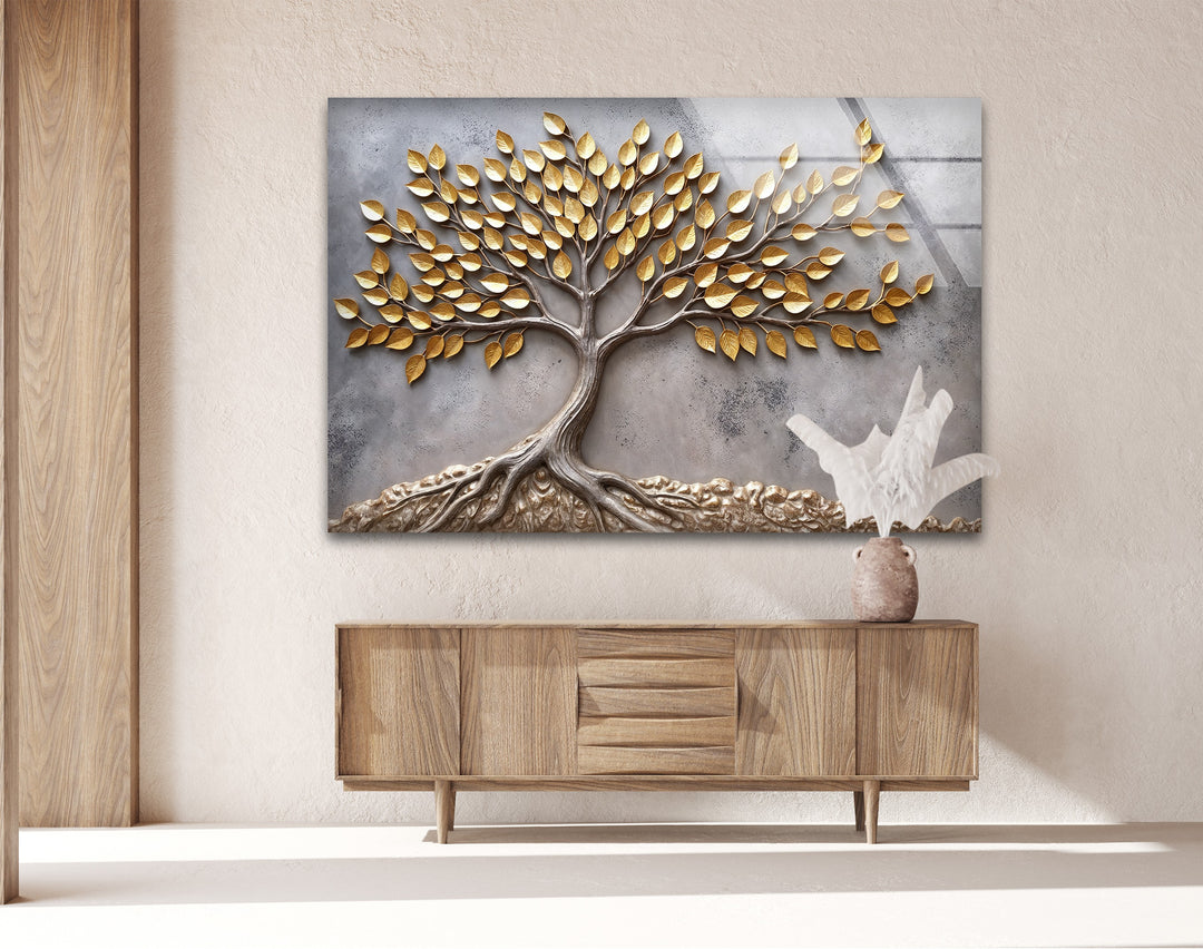 Eternal Roots Gold Harmony – Luxury Tree of Life Glass Wall Art