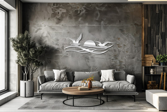 Cool color temperature highlights the modern decoration wall art featuring sunset birds in a coastal home decor setting.